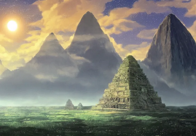 Prompt: a still from a studio ghibli film showing a huge giant grey starship. in the background is machu pichu on a misty and starry night. very dull muted colors, hd, 4 k, hq