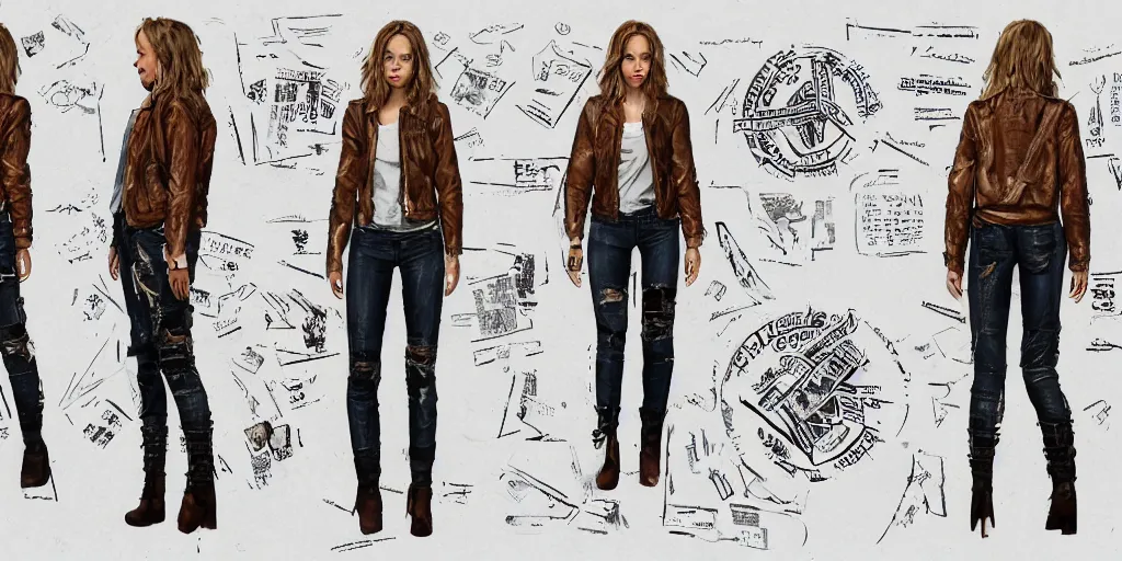 Prompt: halston sage as a tattooed wanderer, wearing scratched and ripped short leather jeans, wearing an aviator jacket with a smiley stamp on its back, character sheet, fine details, props, concept design, contrast, kim jung gi, greg rutkowski, trending on artstation, 8 k, full body, turnaround, front, back, ultra wide angle