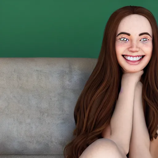 Prompt: Render of a cute 3d young woman smiling, long shiny bronze brown hair, full round face, emerald green eyes, medium skin tone, light cute freckles, smiling softly, wearing casual clothing, relaxing on a modern couch, interior lighting, cozy living room background, medium shot, mid-shot, soft focus, trending on Artstation, Unreal Engine 5 , 4k, professional photography, Portra 400