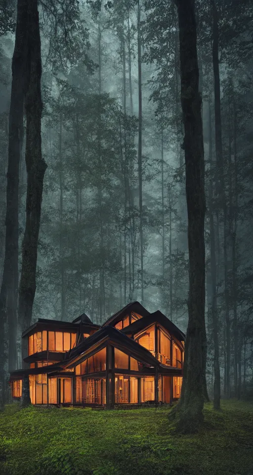 Prompt: an exquisitely designed wooden house in a lush forest, architectural photography, dark and dim lighting, beautiful, tranquil, moody, cinematic, fantasy, 3 5 mm lens, volumetric lighting, first person view, photographic render, hyper realistic