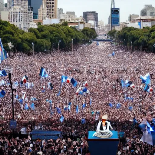 Image similar to Lady Gaga as president, Argentina presidential rally, Argentine flags behind, bokeh, giving a speech, detailed face, Argentina