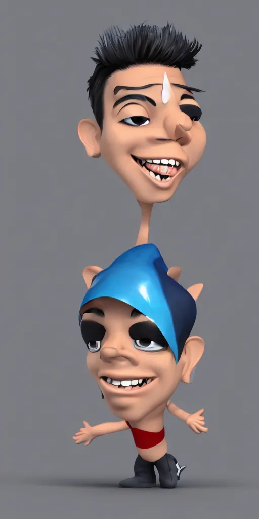 Image similar to 'cartoon concept character in 3d, a young Hispanic guy wearing a cartoon shark cloth facemask'