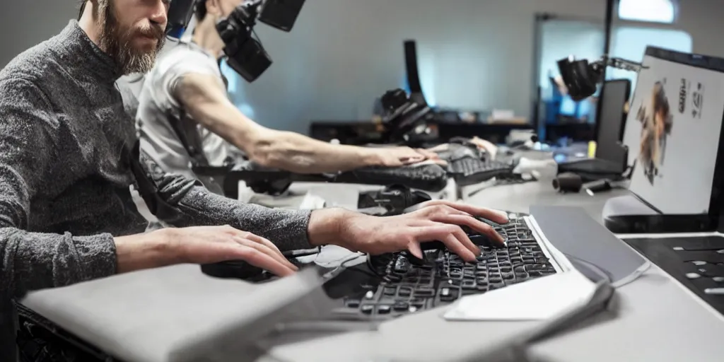 Prompt: stunning photo of a visual effects artis with multiple arms and very long fingers typing on their computer keyboard while working on a scifi movie, real photo, very impressive, toys ont eh desk