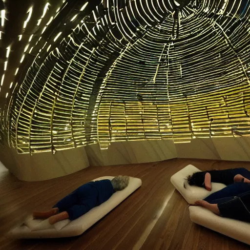 Image similar to cybernetic sleeping pods, diverse humans sleeping individual healing pods, humans sleeping in healing pods, wide wide angle, night, elaborate, forest, highly detailed, dim lighting