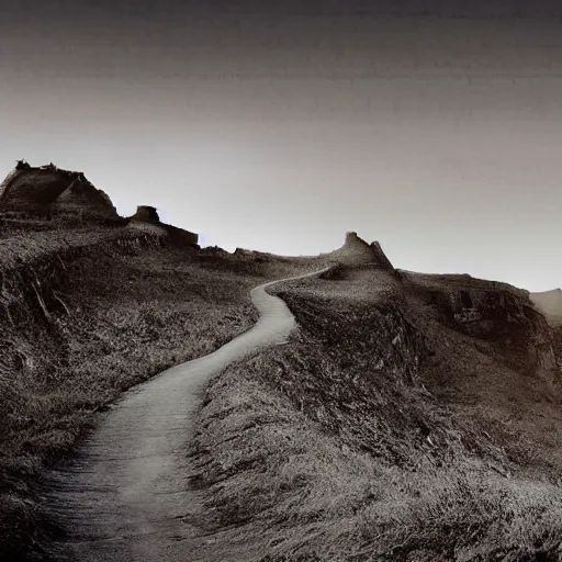 Prompt: a long winding pathway with no terrain on either side, cliffs with no bottom, creepy, gloomy, nightmare, dark rocks, dusty, sepia tones, with a mysterious dark castle at the of the path, digital art, 8 k, concept art, trending on artstation