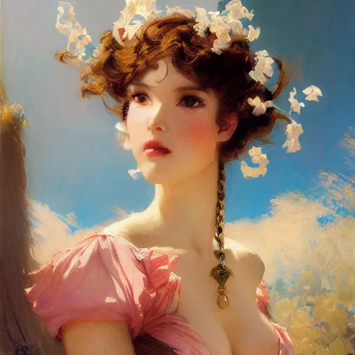 Image similar to a high fashion studio portrait of a cute anime girl, painting by gaston bussiere, craig mullins, j. c. leyendecker