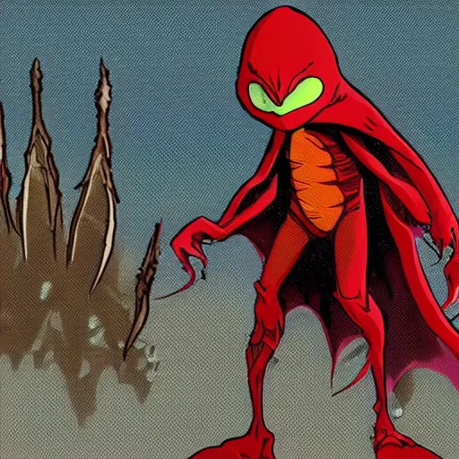 Image similar to concept art character with a vampire squid head and cape that is tall and thin that lives in an ocean setting in the apocalypse created for a new episode of rise of the teenage mutant ninja turtles on nickelodeon comic book dots with chromatic aberration and design influences from fret nice the video game