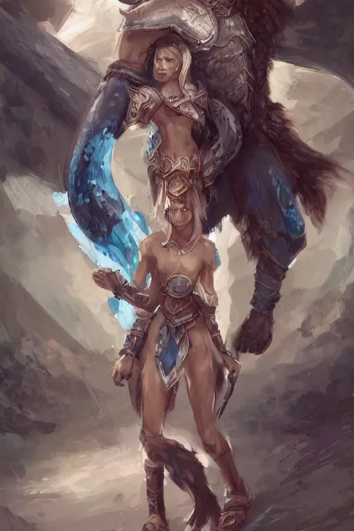 Image similar to a small blue-skinned triton girl wearing scale armor riding on a the shoulders of a large male goliath wearing fur and leather armor, dnd concept art, painting by ross tran and Tyler Jacobson