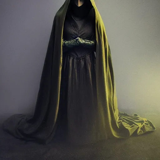 Image similar to a portrait of a young woman wearing a long dark cloak, hood and shadows covering face, holding golden chains, oil painting, matte painting, black background, Volumetric Golden dappled dynamic lighting, Highly Detailed, Cinematic Lighting, Unreal Engine, 8k, HD, by Beksinski