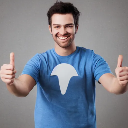 Prompt: stock photo of man smiling and pointing at the camera, white tee-shirt, blue pants, studio shot