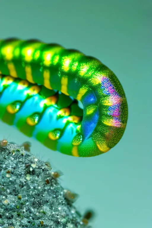 Image similar to high quality macro photo iridescent translucent caterpillar! cute highly detailed david ligare elson peter cinematic teal lighting high quality low angle hd 8k sharp shallow depth of field