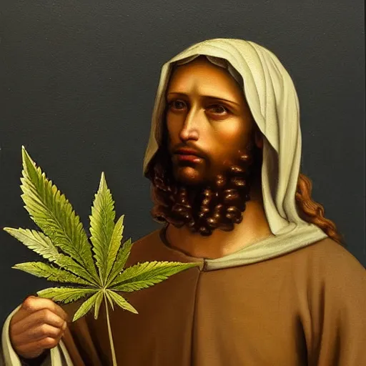 Prompt: an impasto oild painting of jesus holding a cannabis leaf painted by leonadro da vinci, rennaissance painting, high detailed oil painting, masterpiece, artstation