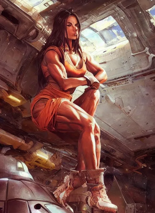 Image similar to a muscular woman sitting in a rusty old spaceship, wearing a skirt, expressive oil painting, by artgerm, by greg rutkowski, highly detailed, vivid colors, detailed body