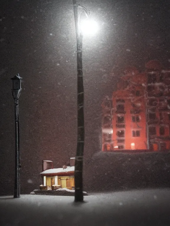 Prompt: small diorama a soviet residential building, lights are on in the windows, dark night, two man fighting for bottle of vodka on yard in front of building, cozy atmosphere, fog, cold winter, snowing, streetlamps with orange volumetric light, birches nearby,