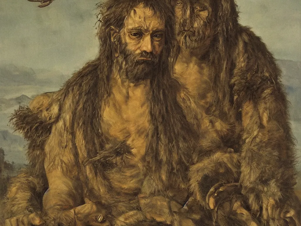 Prompt: Portrait of wild, primitive, cruel green-eyed, hairy, savage man. Painting by Matthias Grünewald