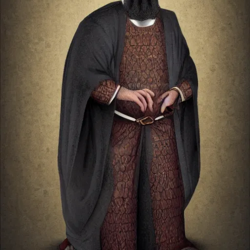 Image similar to middle aged man, dark complexion, well trimmed beard, middle ages middle eastern clothing, portrait full body view, middle easter contemporary artstyle