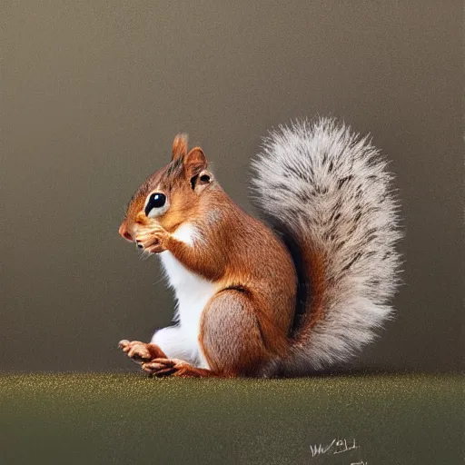 Image similar to an extremely handsome squirrel holding his puffy tail, painted by Mike Winkelmann