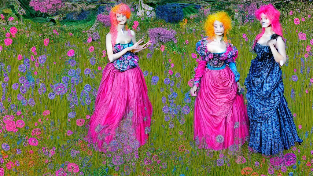 Image similar to photo-realistic portrait of two young women with neon pink hair, wearing a neon blue dress by Vivienne Westwood, standing in a garden full of psychedelic flowers, intricate details, in the style of John Everett Millais, black background