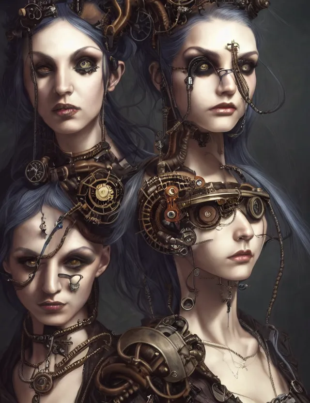 Image similar to a portrait of two steampunk goth girls, by moebius and tyler edlin and hr giger, trending on artstation, digital art, 4 k resolution, detailed, high quality, sharp focus, hq artwork, coherent, insane detail, concept art