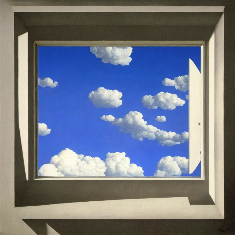 Image similar to window floating in the sky, by rene magritte, centered, detailed painting, hd, hq, high resolution, high detail, 4 k, 8 k