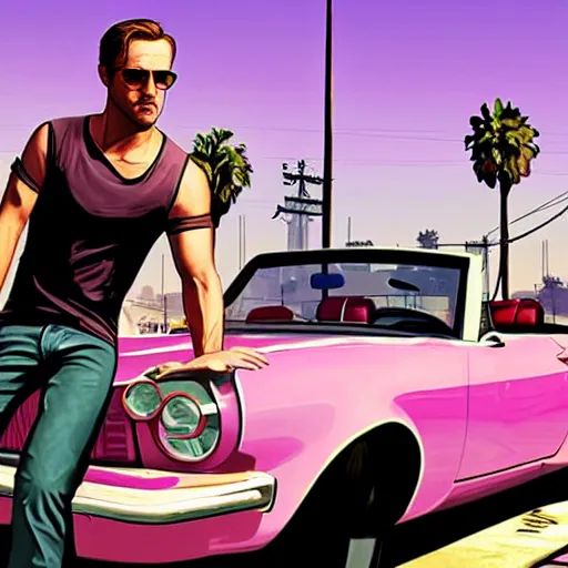 Image similar to gta v cover art by stephen bliss of ryan gosling wearing aviator sunglesses near a pink convertible car