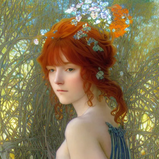 Prompt: A young woman with orange long hair and small horns in shorts and white shirt drawn by Donato Giancola and Makoto Shinkai, Edmund Leighton, Alphonse Mucha, background by James Jean and Gustav Klimt, 4k, porcelain skin, volumetric lighting, komorebi, french nouveau, trending on artstation, octane render, hyperrealistic