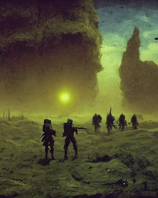 Prompt: armored soldiers crossing the green and yellow swamps of venus, retrofuturism sci - fi old movie, highly detailed, photorealistic, 8 k, by beksinski and stalenhag