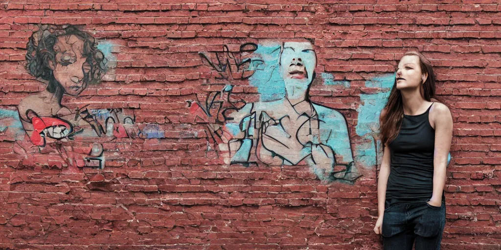 Prompt: portrait of woman on brick wall graffiti, Denning, Guy