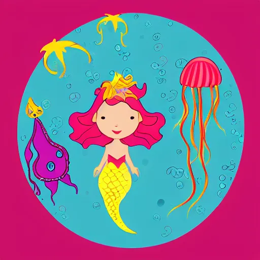 Image similar to A mermaid floating with jellyfish, Vector SVG, kids style