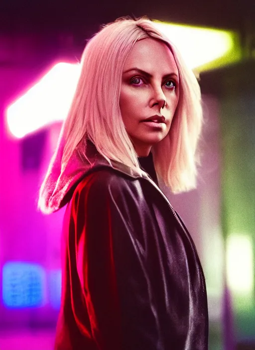 Prompt: A hyper realistic and detailed head portrait photography of Charlize Theron of Atomic Blonde in iridescent-digital hoodie on a futuristic street. by Annie Leibovitz. Neo noir style. Cinematic. neon lights glow in the background. Cinestill 800T film. Lens flare. Helios 44m