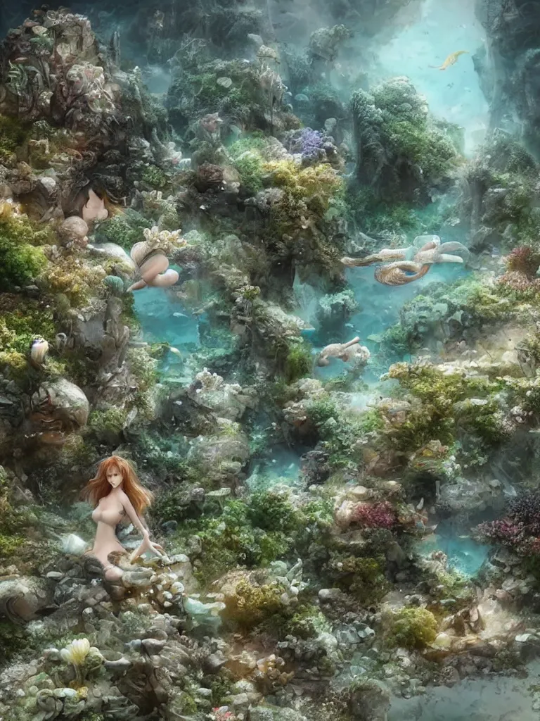 Image similar to partly underwater merpeople town made of rocks and sand, cute style garden, octane render, algae - trees, evergreen, patio, garden, wet atmosphere, tender, soft light misty yoshitaka amano, and artgerm