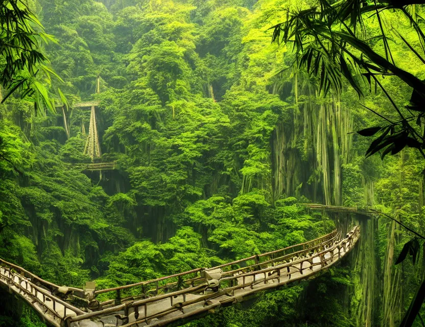 Prompt: a cinematic widescreen photo a winding path across a bridge leading to massive futuristic japanese temples on top of terraced mountain in a misty bamboo cloud forest with colossal waterfalls at dawn by studio ghibli and roger dean, terraced, mystical,