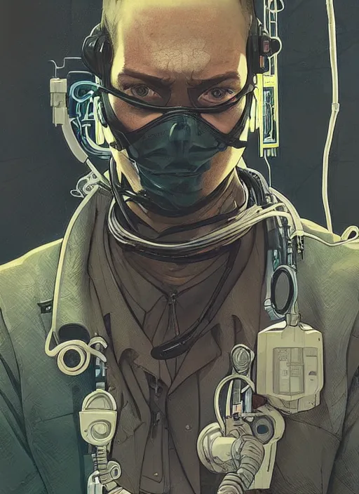 Prompt: cyberpunk surgeon. night vision. portrait by ashley wood and alphonse mucha and laurie greasley and josan gonzalez and james gurney. spliner cell, apex legends, rb 6 s, hl 2, d & d, cyberpunk 2 0 7 7. realistic face. dystopian setting.