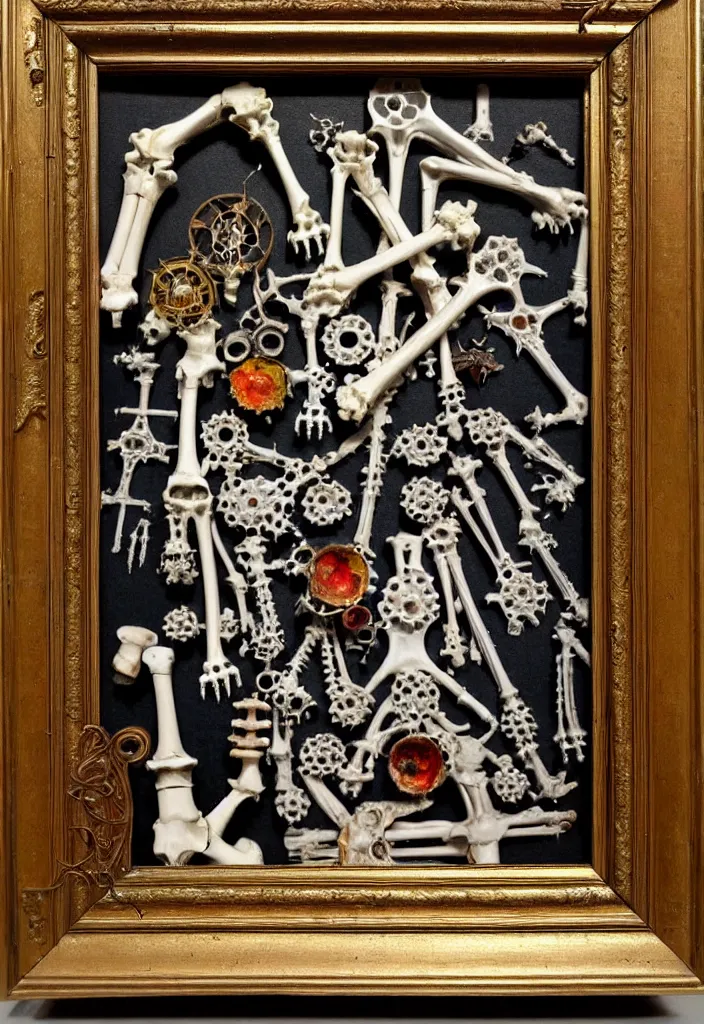 Prompt: prompt: Frame, bouget, old Victorian painting frame made out of bones, alchemical objects inspired by 1980's sci-ci, old experimentation cabinet, intricate oil painting detail, manga 1980