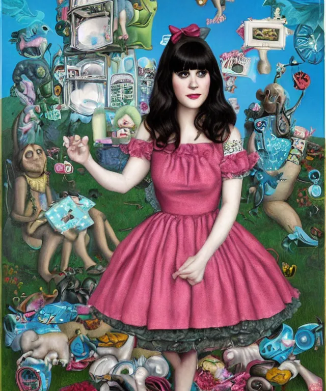 Image similar to portrait of Zooey Deschanel in wonderland, lowbrow painting by Mark Ryden