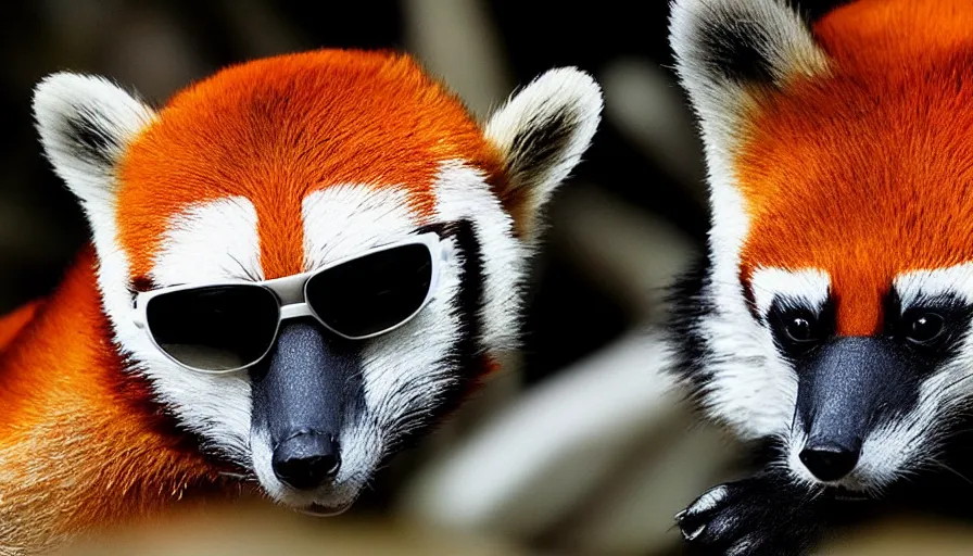 Prompt: ailurus fulgens wearing a white shirt and sunglasses, national geographic, our planet, photography