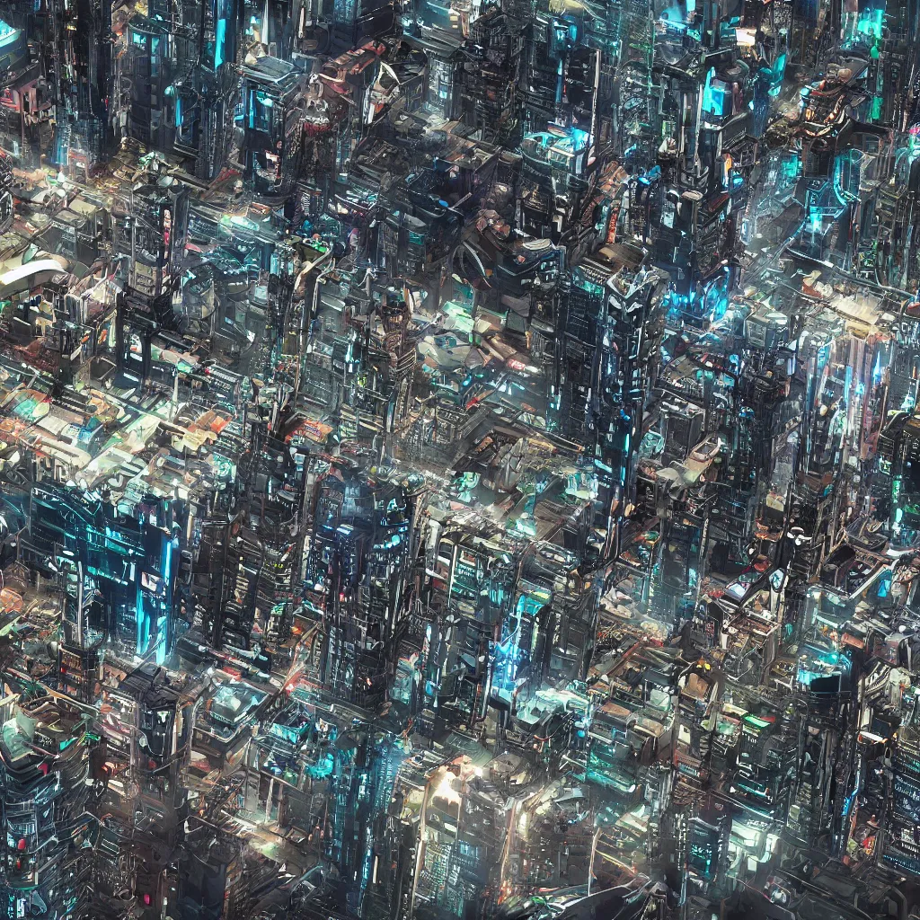 Prompt: eagle-eye view imagery of advanced future civilisation. Futurepunk Cyberpunk. Extreme zoom.