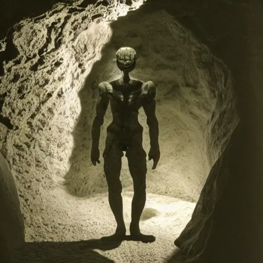 Prompt: photo inside a cavern of a humanoid with lizard skin and a mouth with sharp tooth and black eyes, partially hidden in the shadows