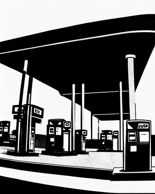 Prompt: low angle shot of a gas station, cyber punk, architecture by moebius, composition by DaVinci, ink by Frank Miller, Jim Jarmusch cinematography, style by Kabuki, b&w hasselblatt