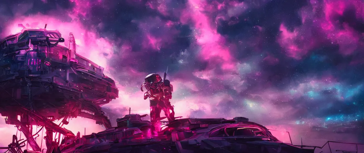 Prompt: space, mohawk, portrait big dark punk, hyperdetailed illustration, stars, pink, neon, oil painting, rich deep colors masterpiece, pirate neon ship, ultra detailed, contrast, heaven pink, clouds, volumetric light, atmospheric lighting, dramatic, cinematic, moody, octane render 4 k, 8 k