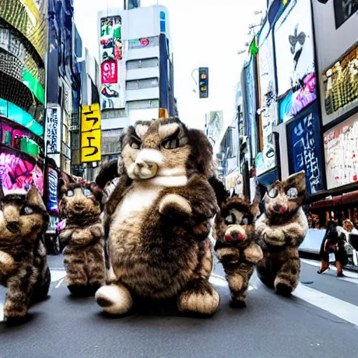 Prompt: furry critters on parade in shibuya by dali