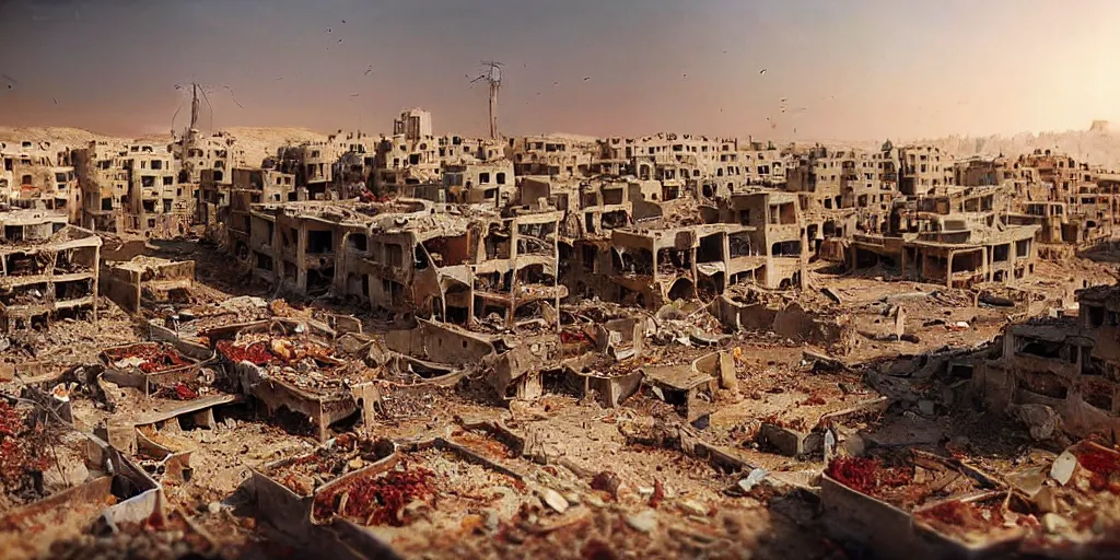Prompt: “epic view of Hummus in Syria in destruction, ruins, trending on artstation, photorealistic, concept art, cinematographic, epic lighting”