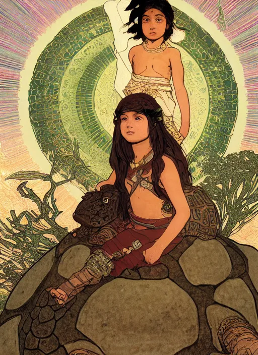 Image similar to portrait of a little warrior girl sitting on top of a giant turtle in the desert. the girl has dark skin and beautiful green eyes, realistic body legs and a very beautiful detailed symmetrical face with long black hair. the turtle has a big wise face and closed eyes. diffuse light, dramatic landscape, fantasy illustration by mucha