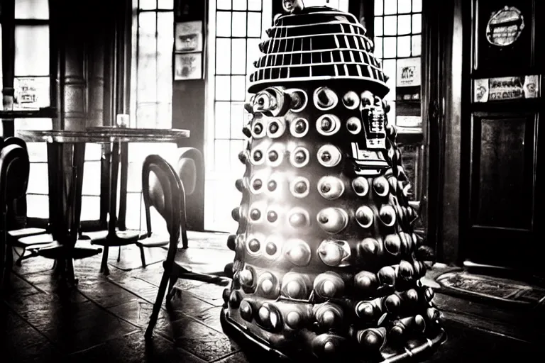 Image similar to photograph of a dalek in a traditional london pub, highly detailed, dramatic lighting, intense shadows, rich deep colours