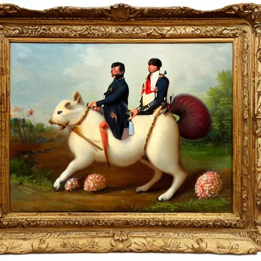 Image similar to a giant fluffy squirrel carrying napoleon bonaparte on its back, beach scene, flowers and foliage, detailed oil painting