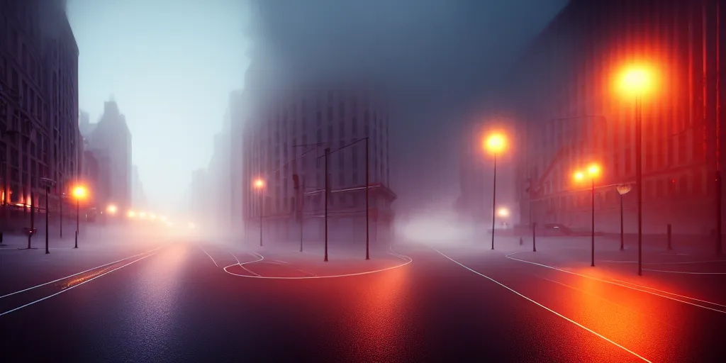 Prompt: some cars driving on deserted city street, fog, rain, volumetric lighting, beautiful, golden hour, sharp focus, ultra detailed, cgsociety