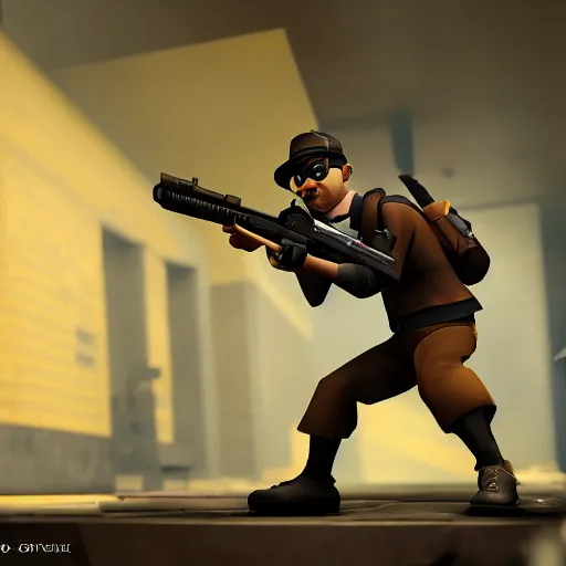 Prompt: the scout from tf 2 running with a gun in his hand, polycount, dada, dynamic pose, sabattier effect, rtx