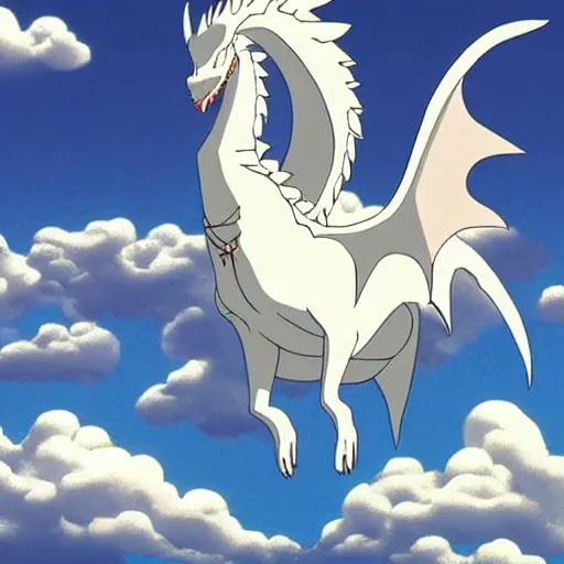 Prompt: a palace on a mountain, a white dragon flying in the sky, miyazaki's animated film