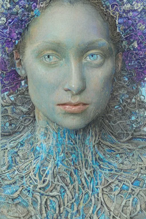 Prompt: portrait of beautiful young mainem, warhammer, russian style, cyber armor with scars, a lot of more scars, more and more flowers, blue head, the middle ages, highly detailed, artstation, illustration, art by jean delville, 8 k quality