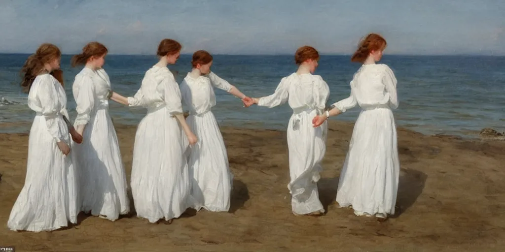 Image similar to five young edwardian women wearing white dresses on a beach in Sweden, two of them are holding hands, in the style of Anders Zorn